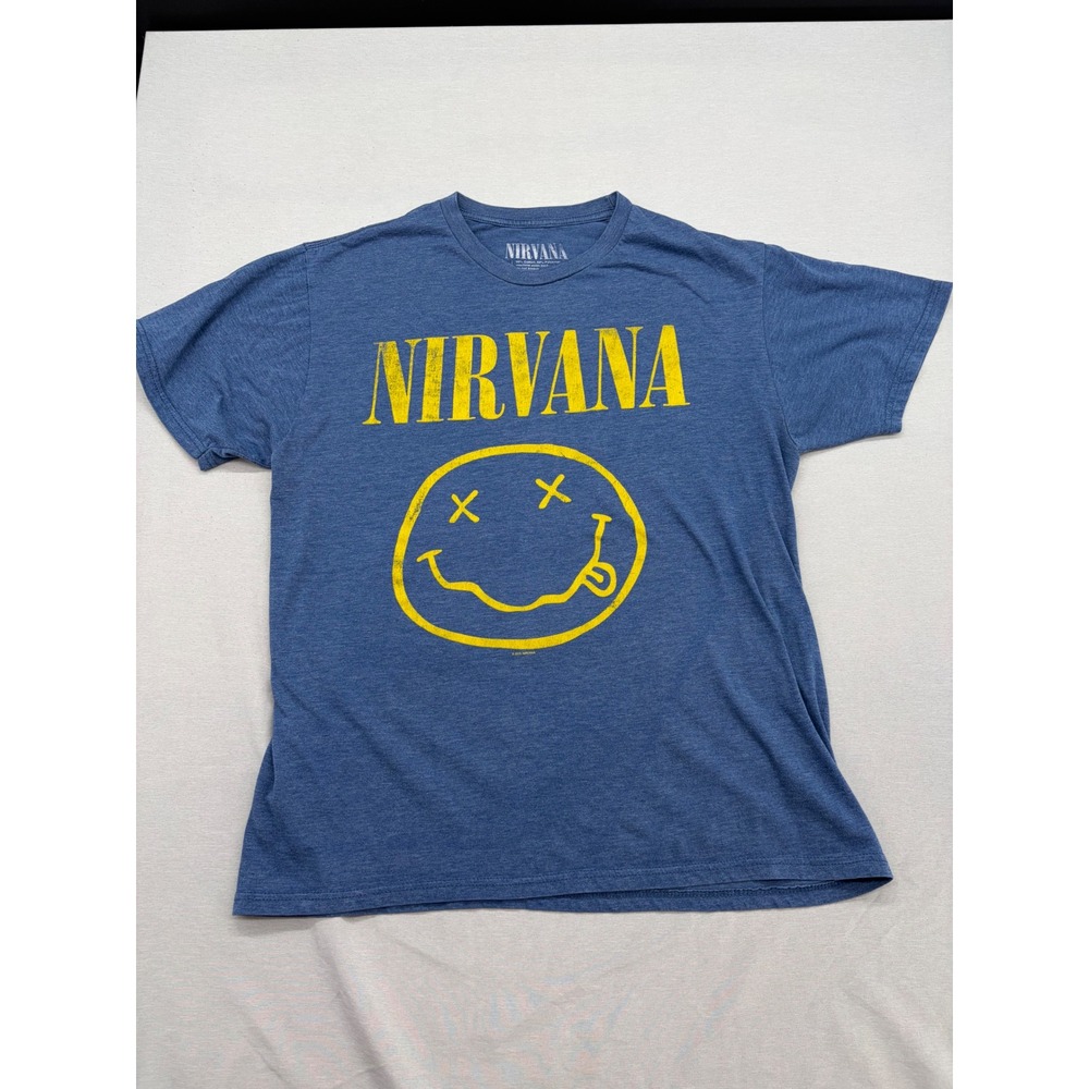 Nirvana Smiley Face Graphic T-Shirt Blue Heather Rock Band Tee Large 2015